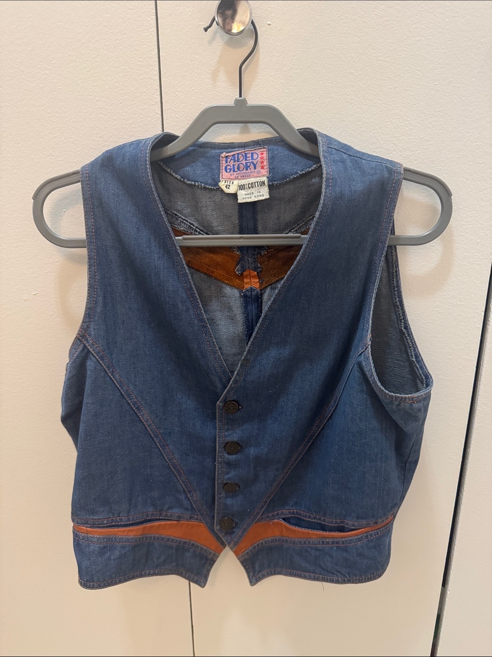 Faded Glory Vintage Dark Blue Denim Vest with Brown Trim